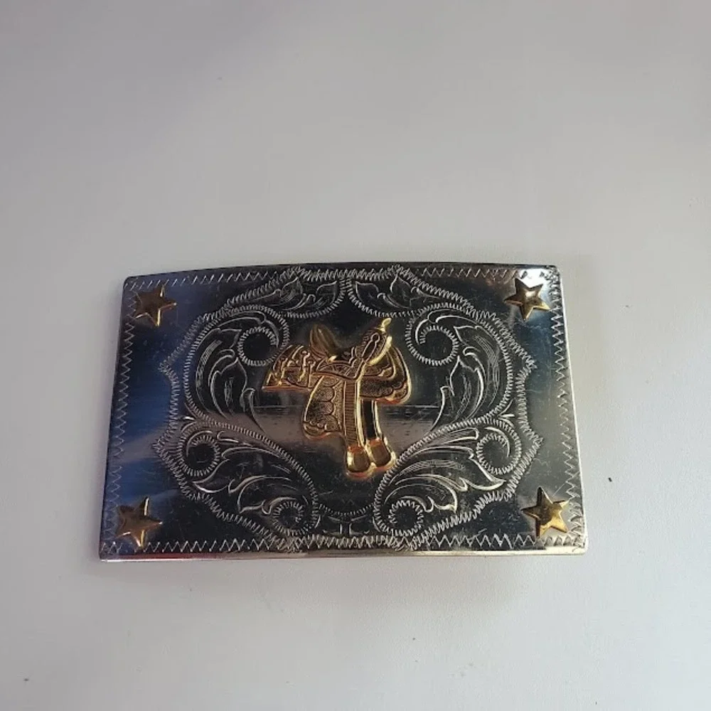 Vintage Nickel Silver Western Belt Buckle Gold Tone Saddle and Stars Engraved